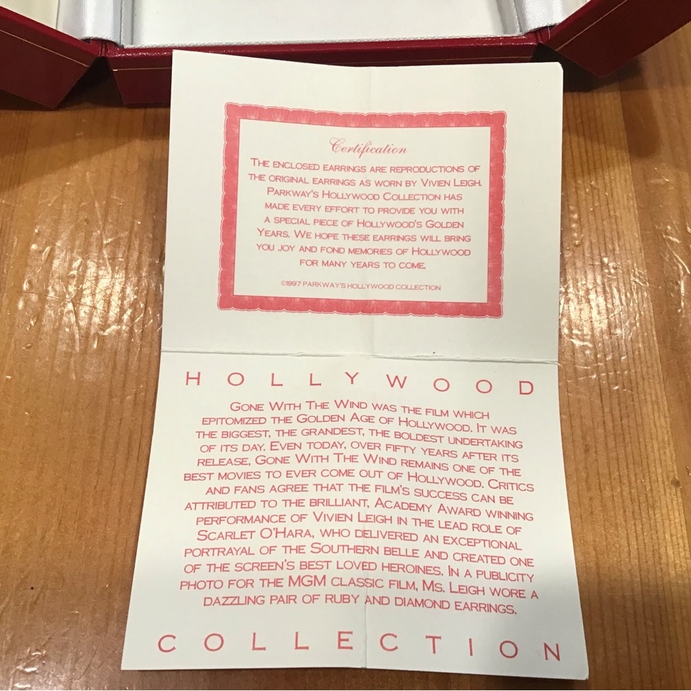 HOLLYWOOD COLLECTION RUBY CRYSTAL EARRINGS GOLD 925 VIVIEN LEIGH GONE W/THE WIND - Picture 7 of 11